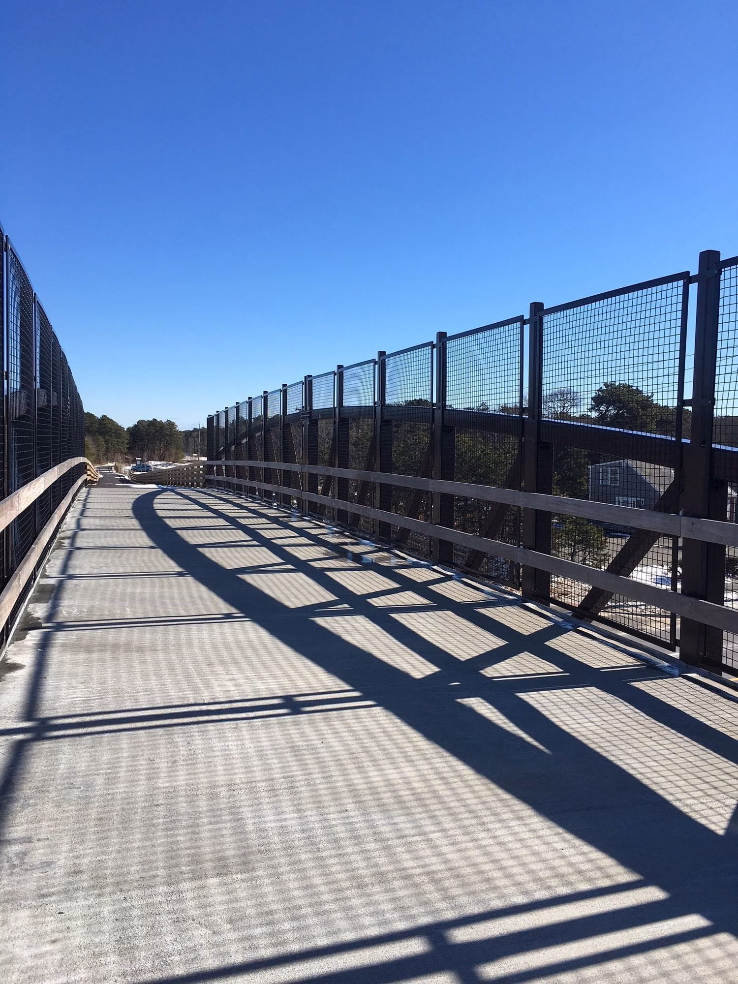 The Cape Cod Rail Trail's fenced bike bridge over Route 134 between Dennis and Yarmouth, February 2018