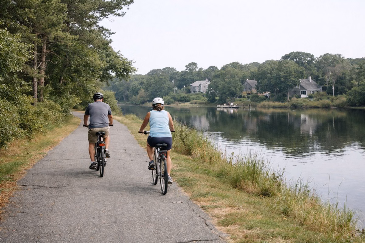 Two people riding bikes on a paved path beside a pond