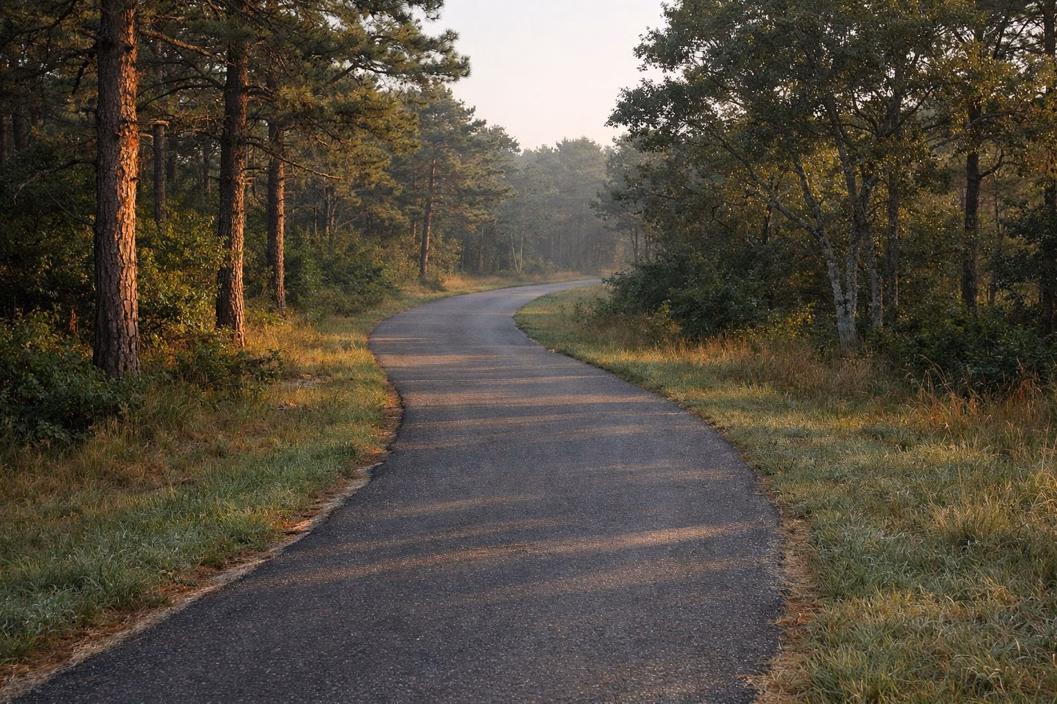 A quiet paved bike path through pine woods in soft early-morning light