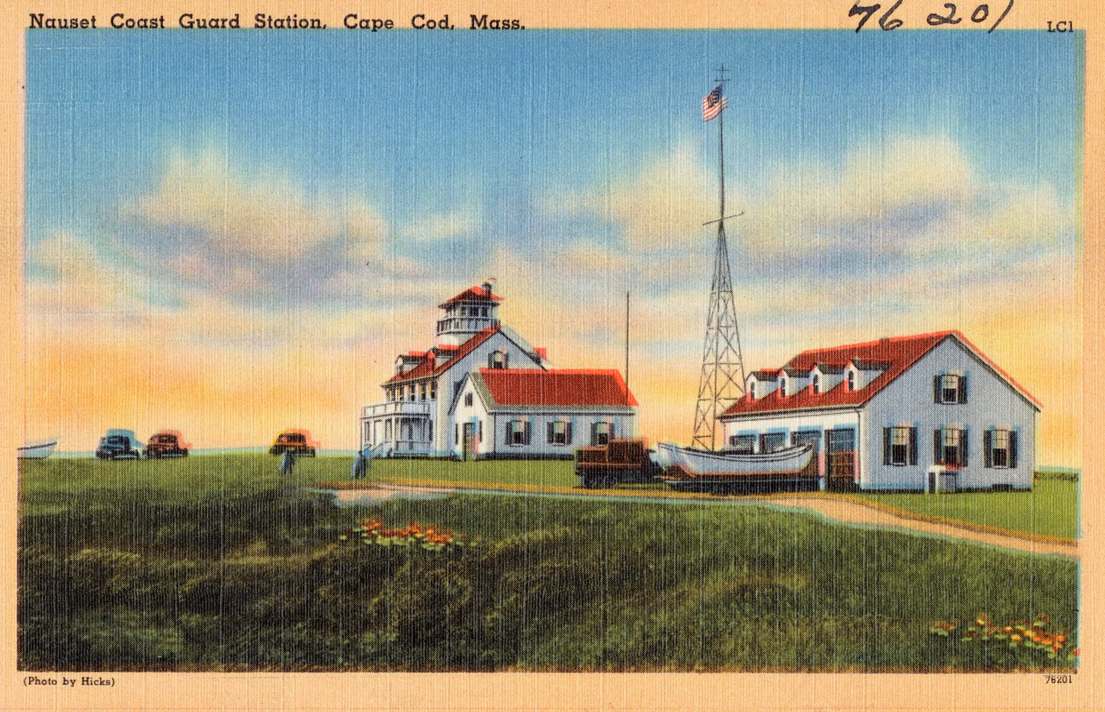 The Nauset Coast Guard Station above Coast Guard Beach in Eastham, on a postcard from the 1930s or 1940s