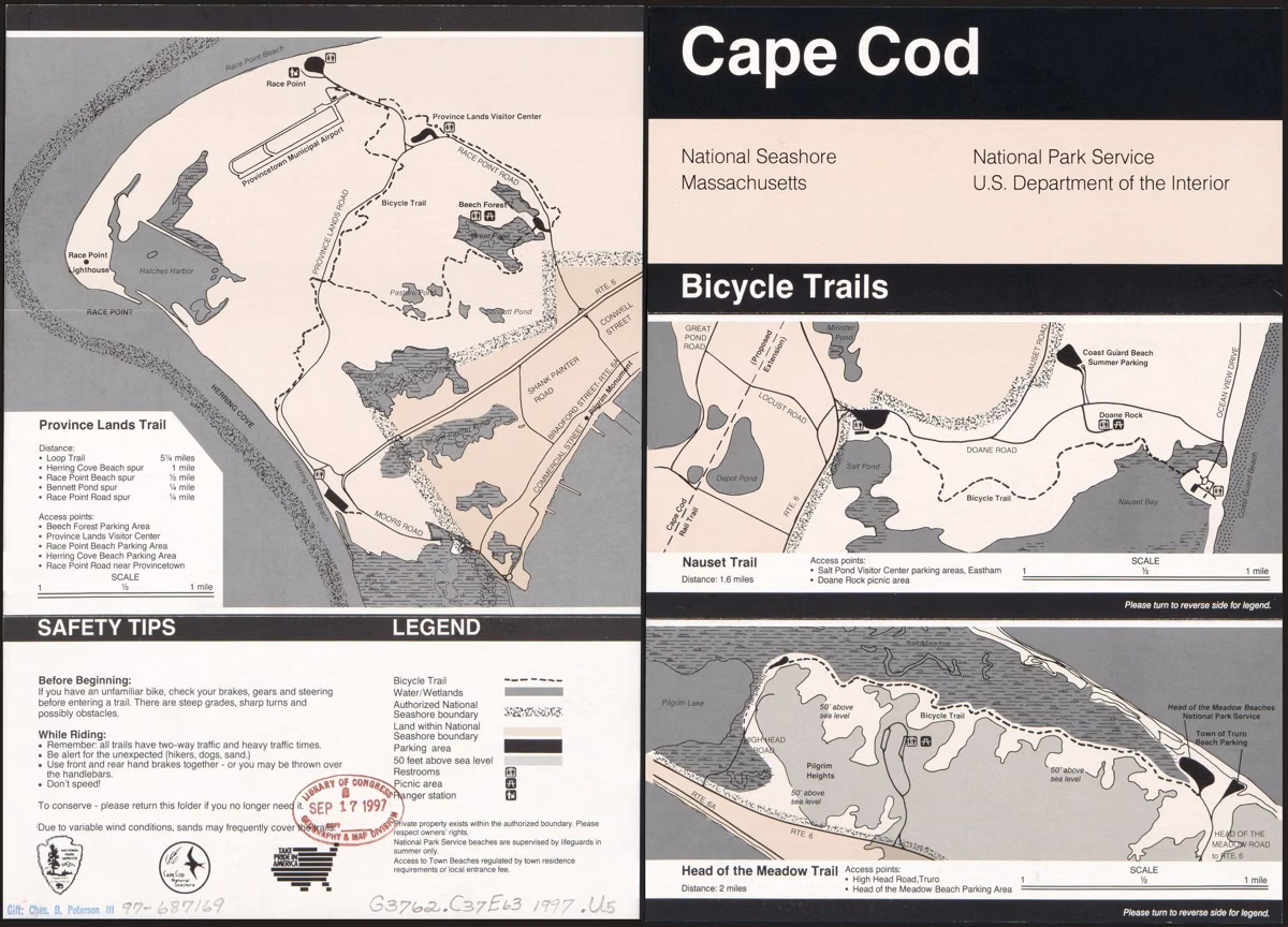 A 1997 National Park Service brochure panel mapping the Province Lands, Nauset and Head of the Meadow bike trails